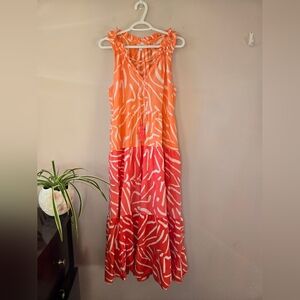 Mud Pie Large Tiered Boho Maxi Dress Orange Coral Pockets Coastal Vacation 🧡
